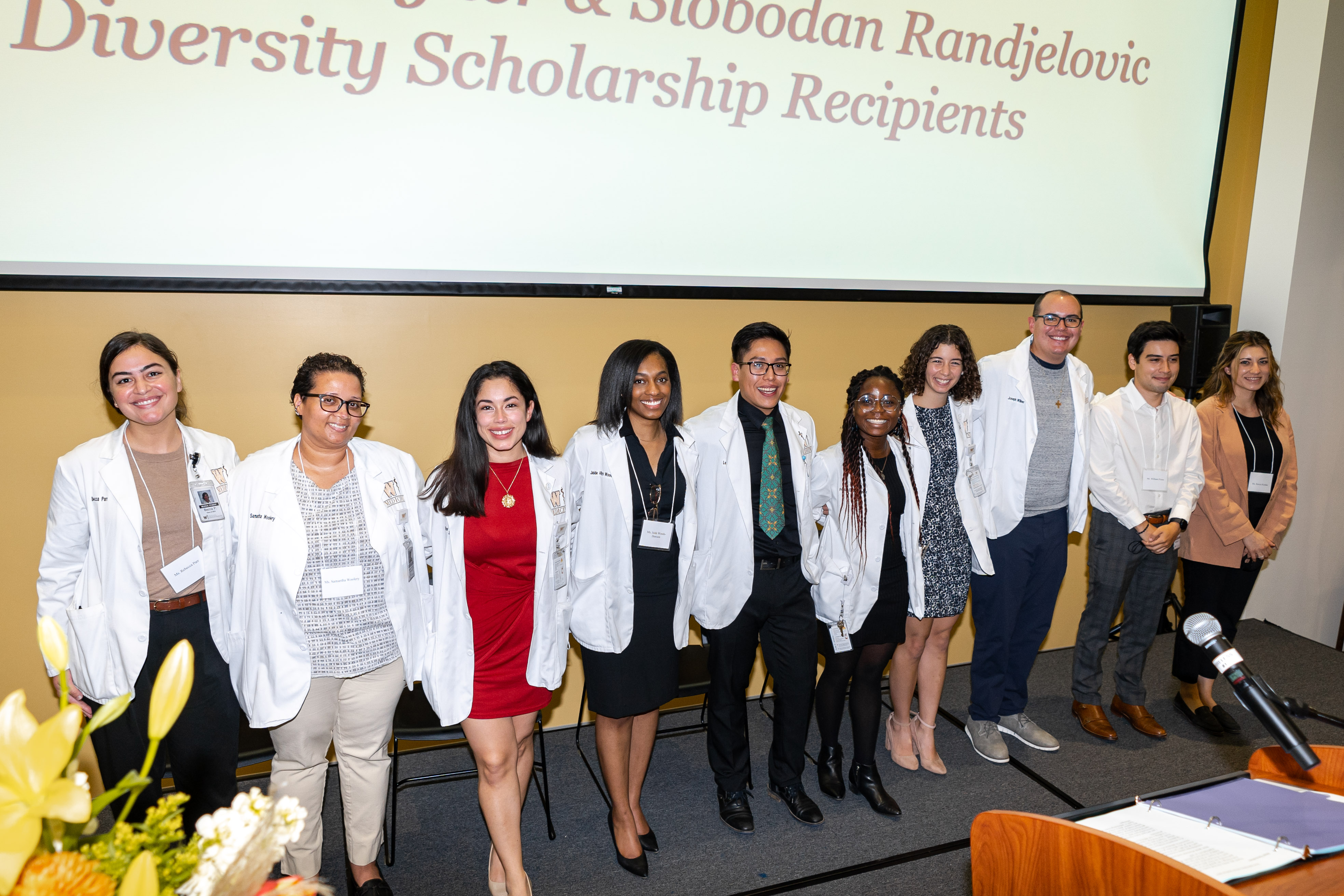 Recipients of a diversity scholarship sponsored by Jon L. Stryker and Slobodon Randjelovic were honored at a donor appreciation luncheon in November at WMed.
